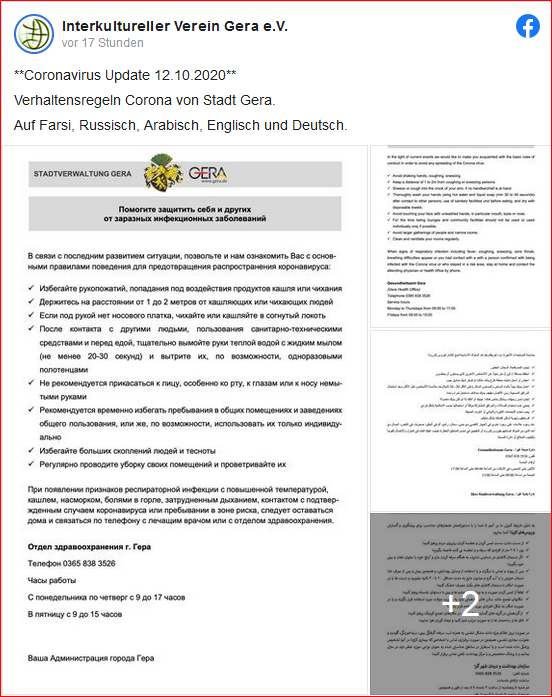 Link zum Facebookbeitrag des Interkulturellen Vereins Gera e. V. mit den Übersetzungen auf Farsi, Russisch, Arabisch und Englisch