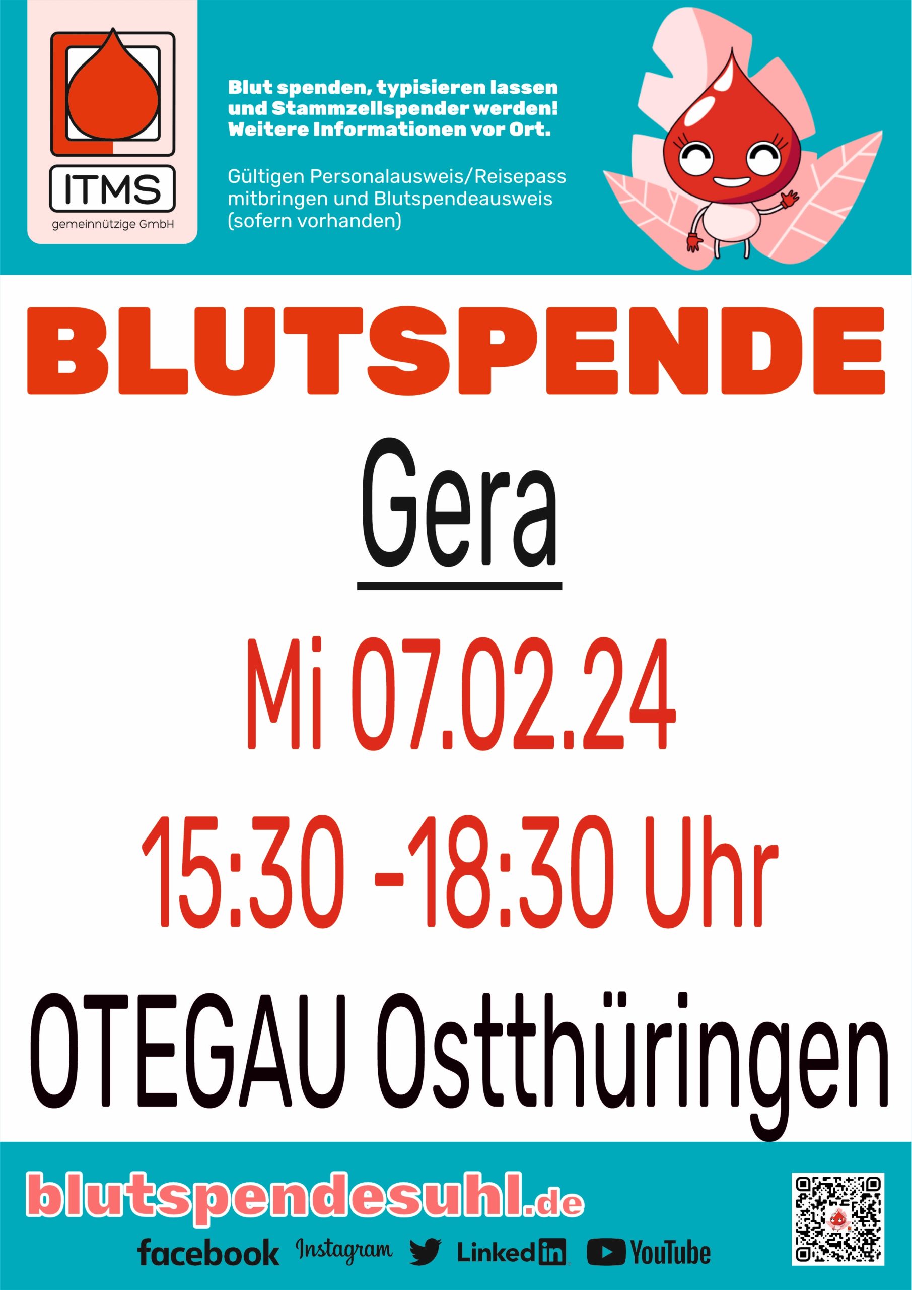 Blutspende in Gera am 07.02.2024 von 15:30 Uhr bis 18:30 Uhr OTEGAU GmbH, Lusaner Straße 7, 07549 Gera