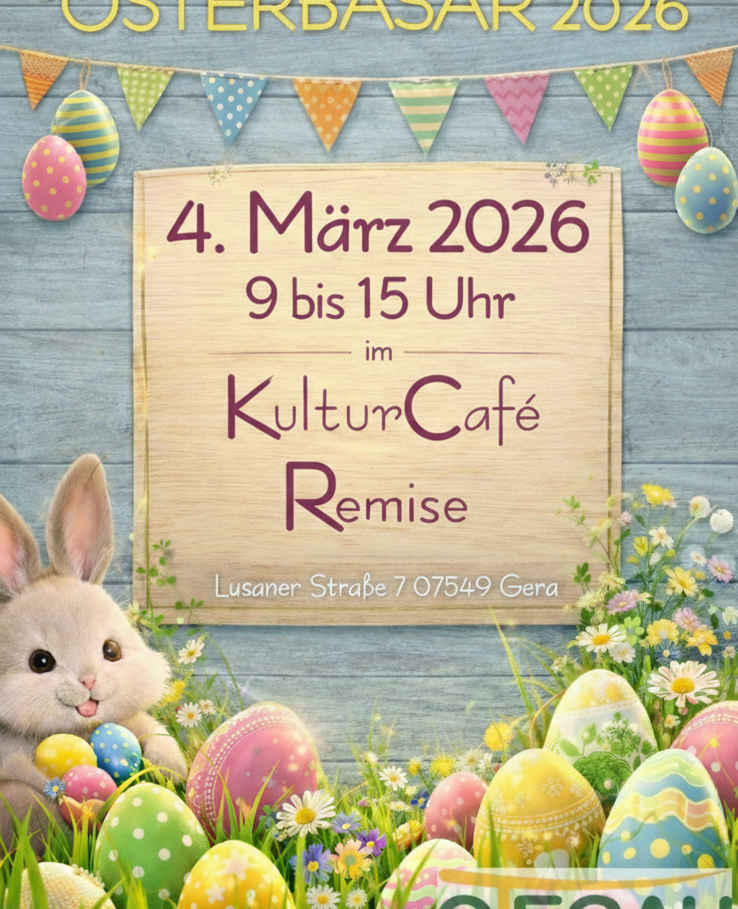 OTEGAU Osterbasar 2026 am 4. März 2026 von 9 Uhr bis 15 Uhr im KulturCafé Remise • Lusaner Straße 07 • 07549 Gera